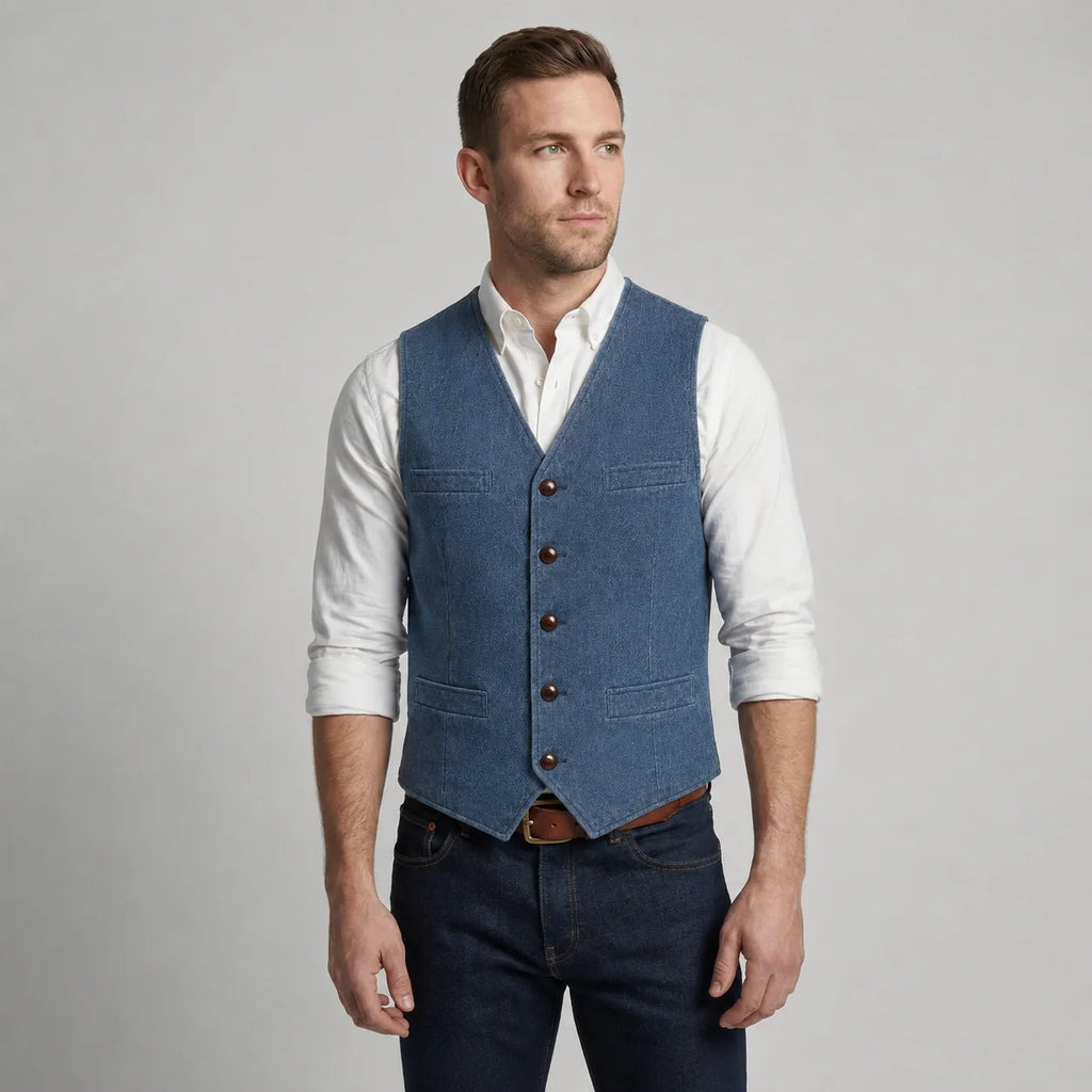 Man wearing a blue denim-look waistcoat over a white shirt, buttoned up, front view with a brown belt and dark jeans