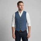 Man wearing a blue denim-look waistcoat over a white shirt, buttoned up, front view with a brown belt and dark jeans