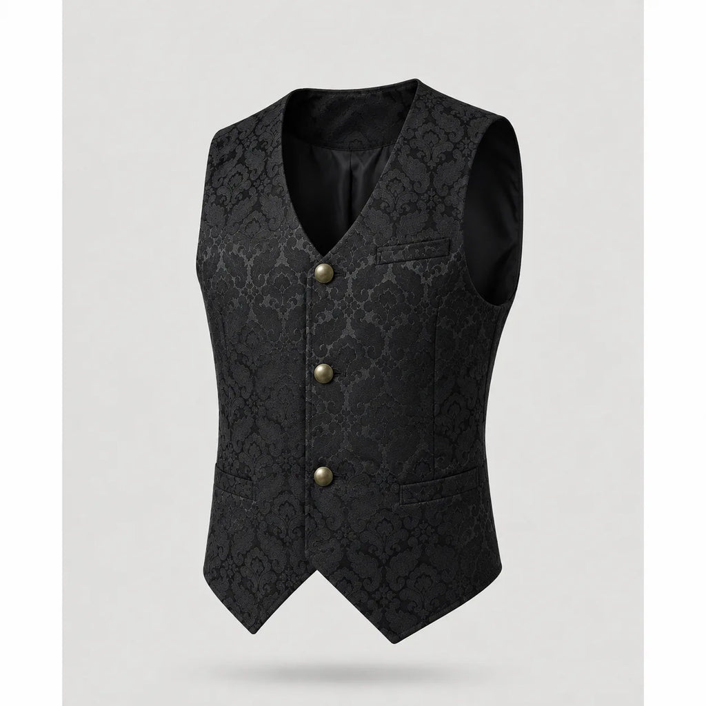 Side view of the blue denim-style waistcoat on a mannequin against a plain grey studio background