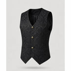 Side view of the blue denim-style waistcoat on a mannequin against a plain grey studio background