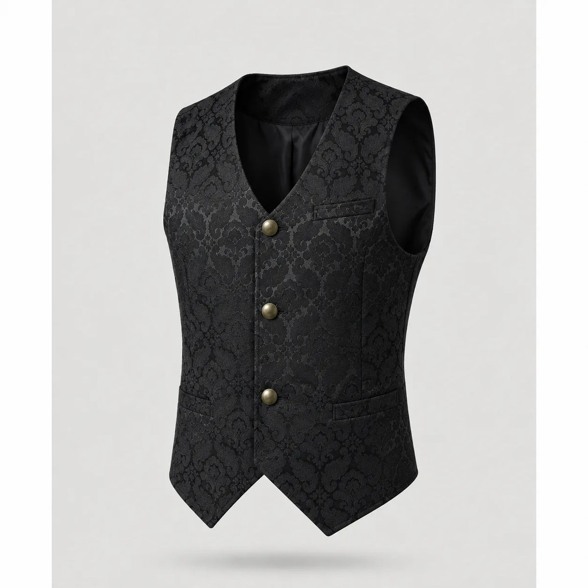 Side view of the blue denim-style waistcoat on a mannequin against a plain grey studio background