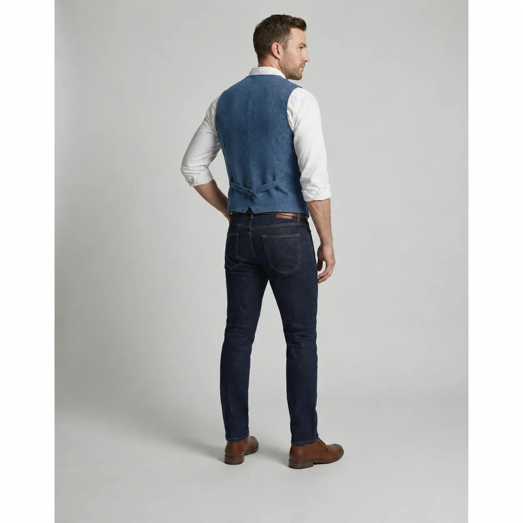 Back view of the blue waistcoat showing the fabric belt strap and tailored rear panel over a white shirt