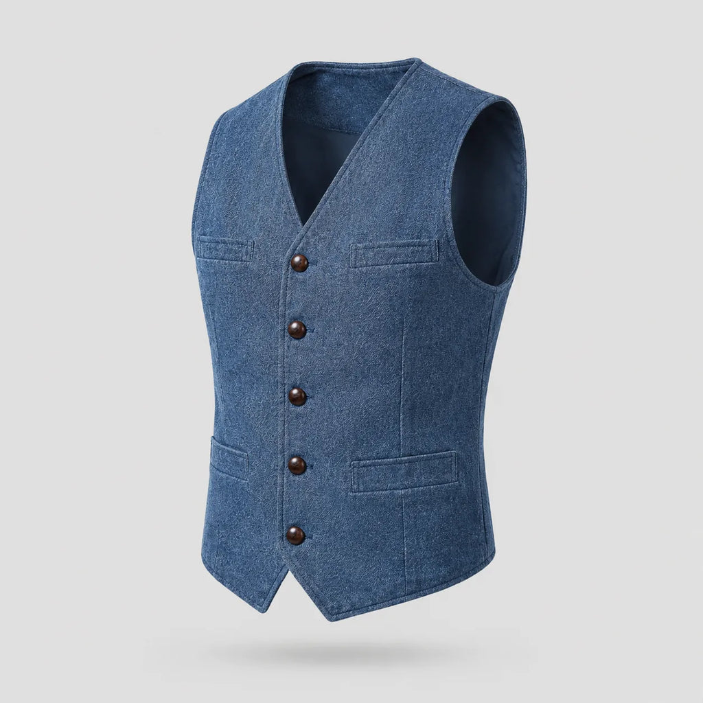 Side angle of a blue denim-effect waistcoat on a mannequin, showing the V-neck, buttons and chest pocket detail