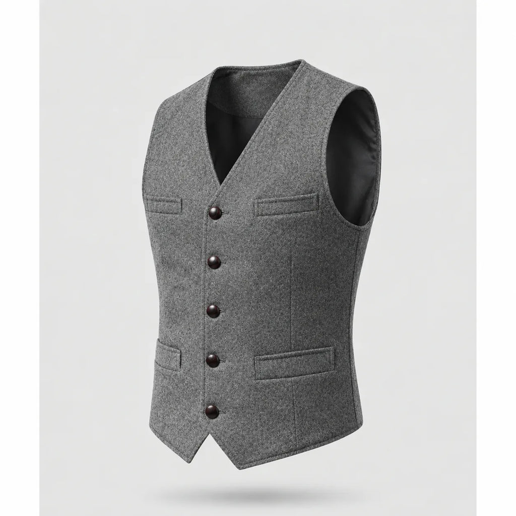 Grey tweed-effect waistcoat on a mannequin, side angle showing the five-button front and flap pockets