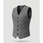 Grey tweed-effect waistcoat on a mannequin, side angle showing the five-button front and flap pockets