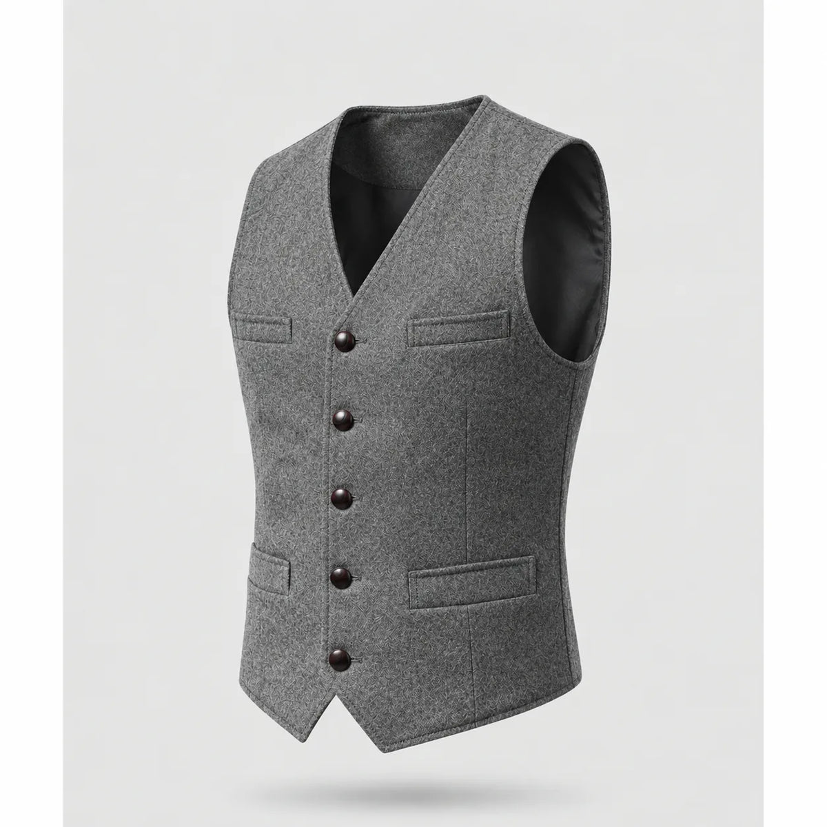 Grey tweed-effect waistcoat on a mannequin, side angle showing the five-button front and flap pockets