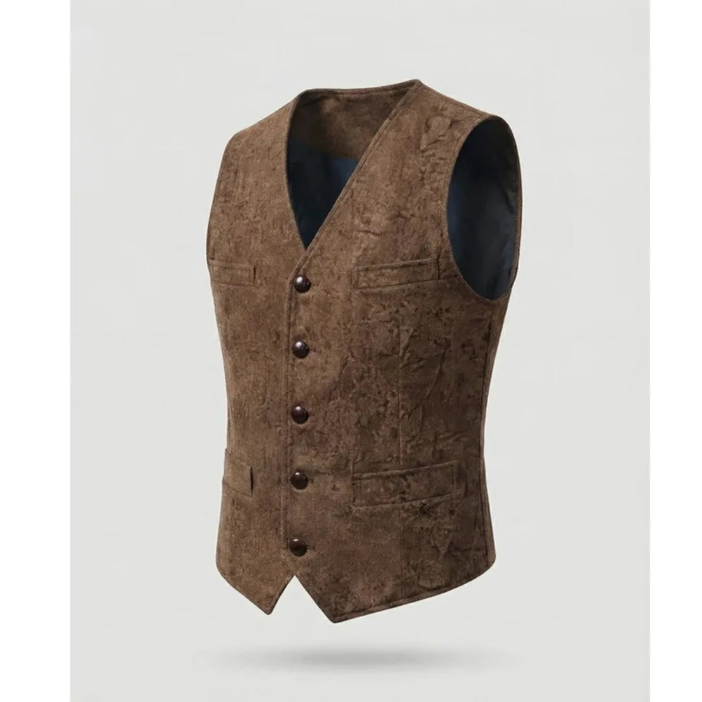 Brown textured suede-effect waistcoat on a mannequin, side angle highlighting the worn, rustic finish