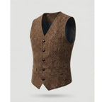 Brown textured suede-effect waistcoat on a mannequin, side angle highlighting the worn, rustic finish