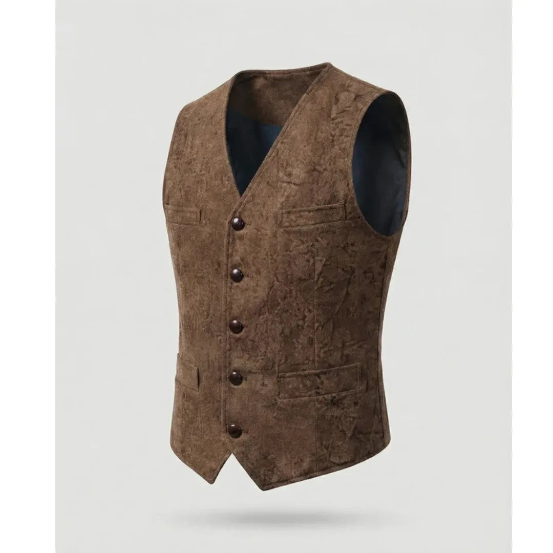 Brown textured suede-effect waistcoat on a mannequin, side angle highlighting the worn, rustic finish