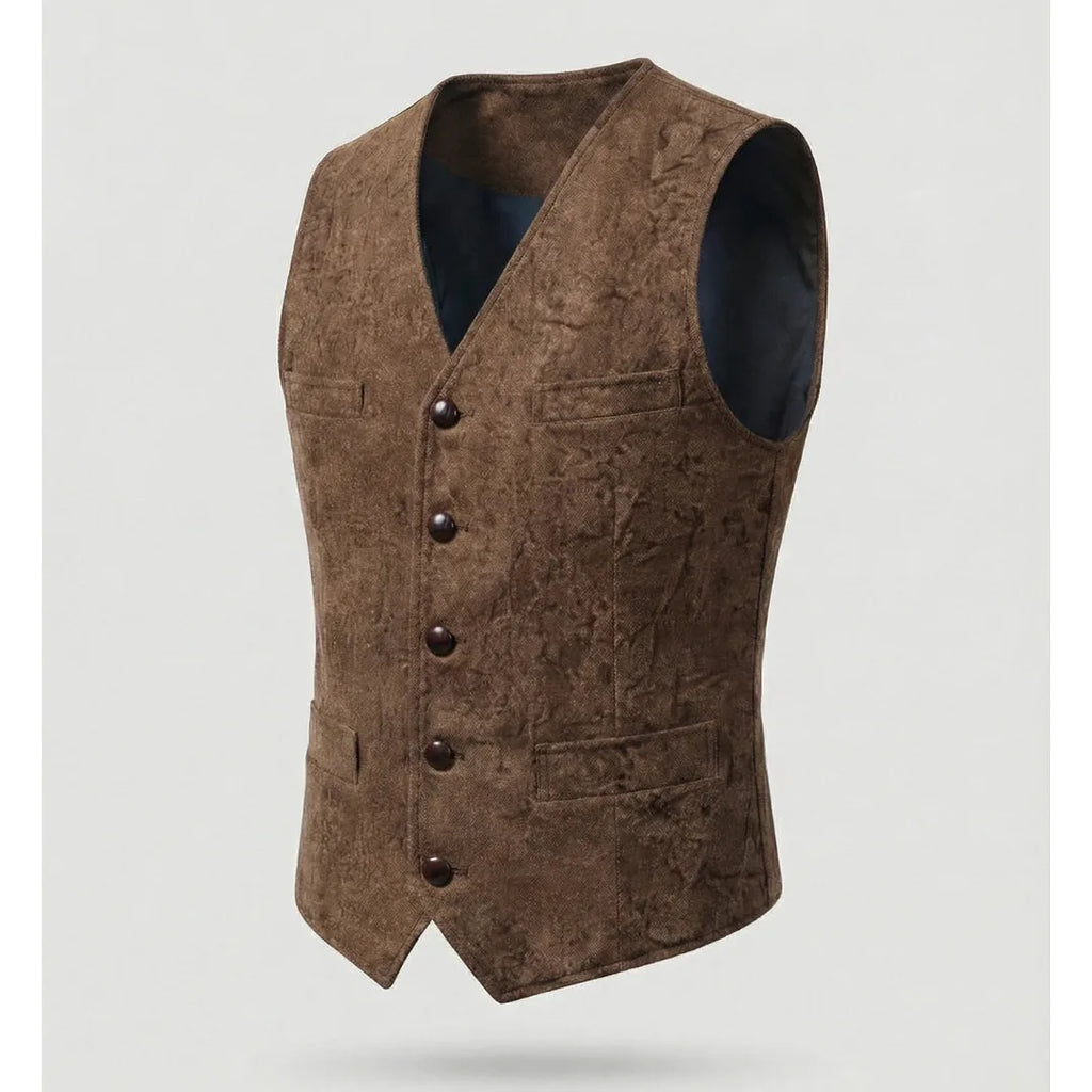 Close side view of the brown textured waistcoat showing the dark buttons and tailored waist shaping