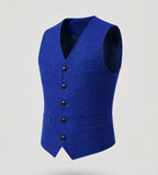 Royal blue wool-effect waistcoat on a mannequin, side angle showing the fitted silhouette and pocket flaps