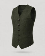 Close-up side view of the royal blue waistcoat highlighting the button spacing and chest pocket welt
