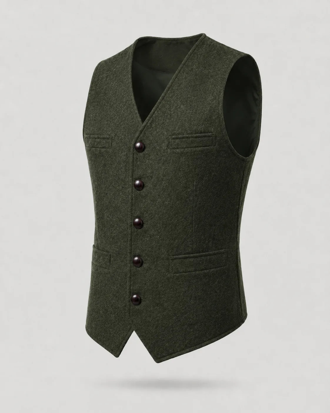 Close-up side view of the royal blue waistcoat highlighting the button spacing and chest pocket welt