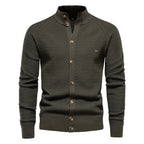 Olive green cardigan with ribbed stand collar and tonal button fastening, full front view