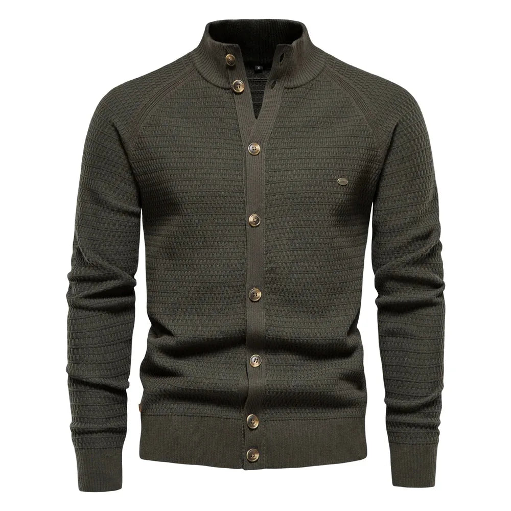 Olive green cardigan with ribbed stand collar and tonal button fastening, full front view