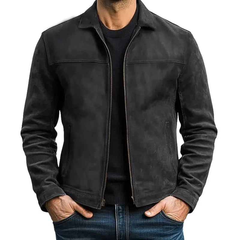 Front view of black leather jacket worn open, showing classic collar and front zip closure