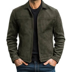 Front view of army green leather jacket worn open, showing collar, zip and side pockets