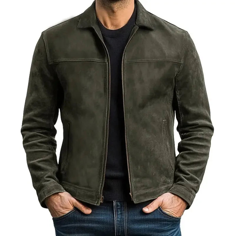 Front view of army green leather jacket worn open, showing collar, zip and side pockets