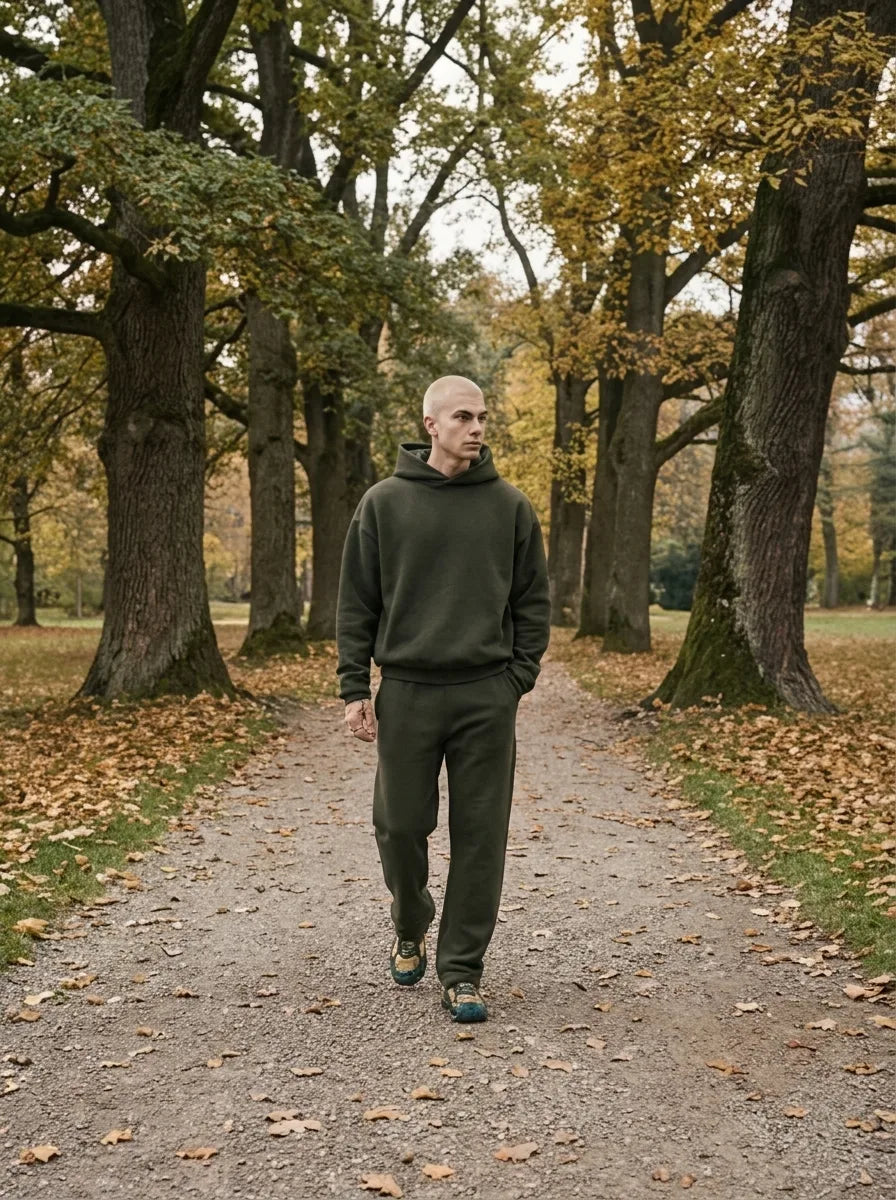 Man walking along a tree lined autumn path wearing the olive green hooded tracksuit and trainers