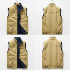 Four-panel view of a beige gilet on a hanger, front and back, plus close-up of the navy lining and ribbed hem trim