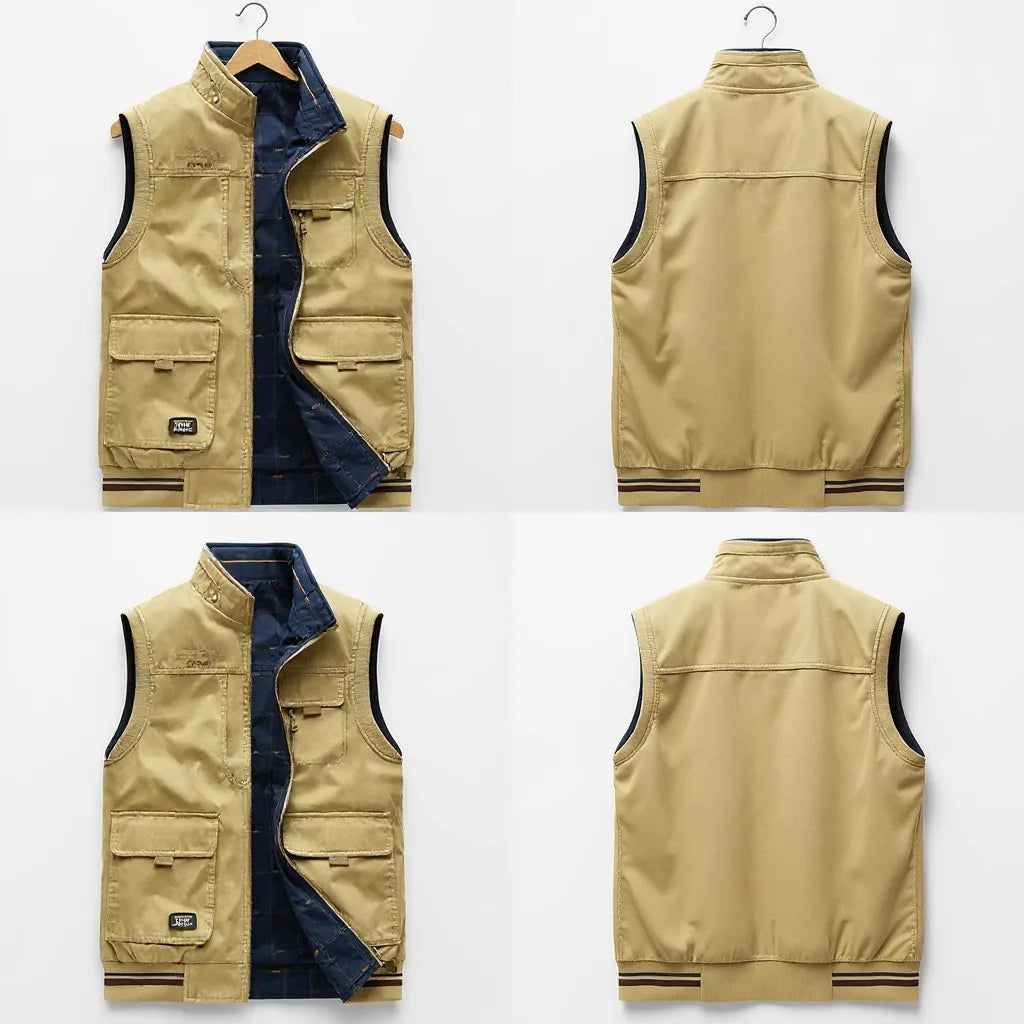 Four-panel view of a beige gilet on a hanger, front and back, plus close-up of the navy lining and ribbed hem trim