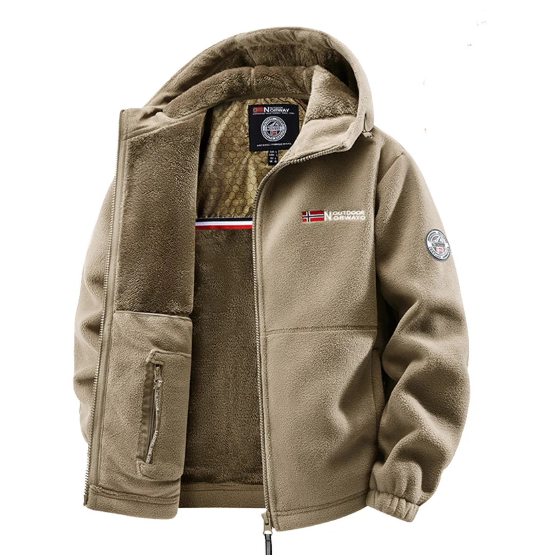 Khaki fleece hooded jacket, front open, showing thick plush lining and Outdoor Norway chest embroidery