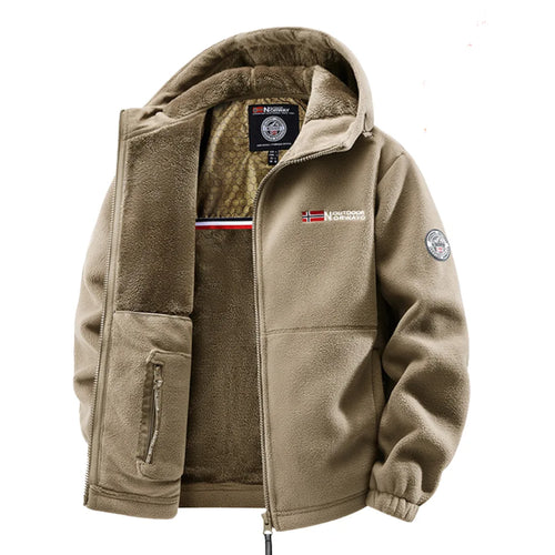 Khaki fleece hooded jacket, front open, showing thick plush lining and Outdoor Norway chest embroidery