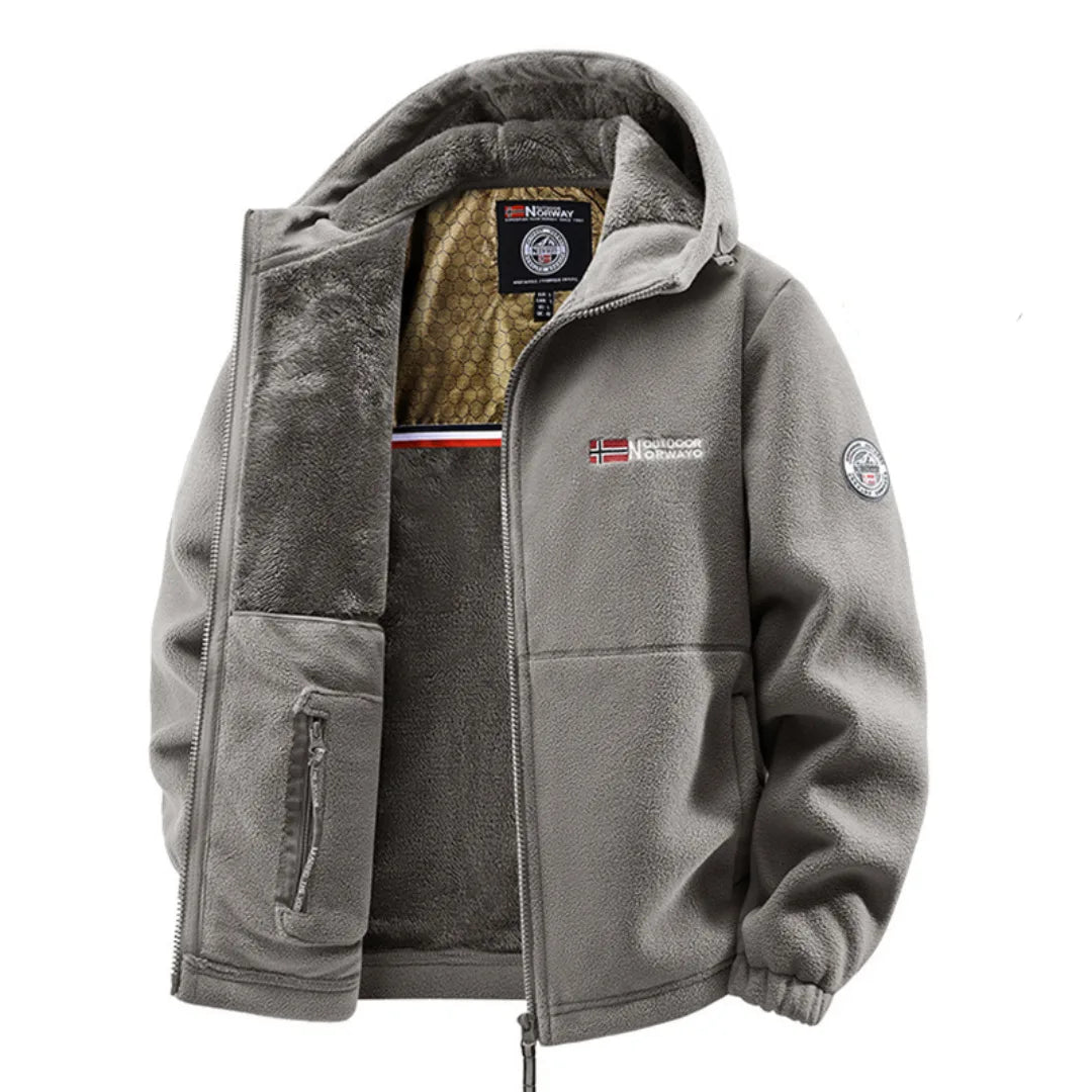 Grey fleece hooded jacket viewed at an angle, zip open to reveal honeycomb-pattern inner lining