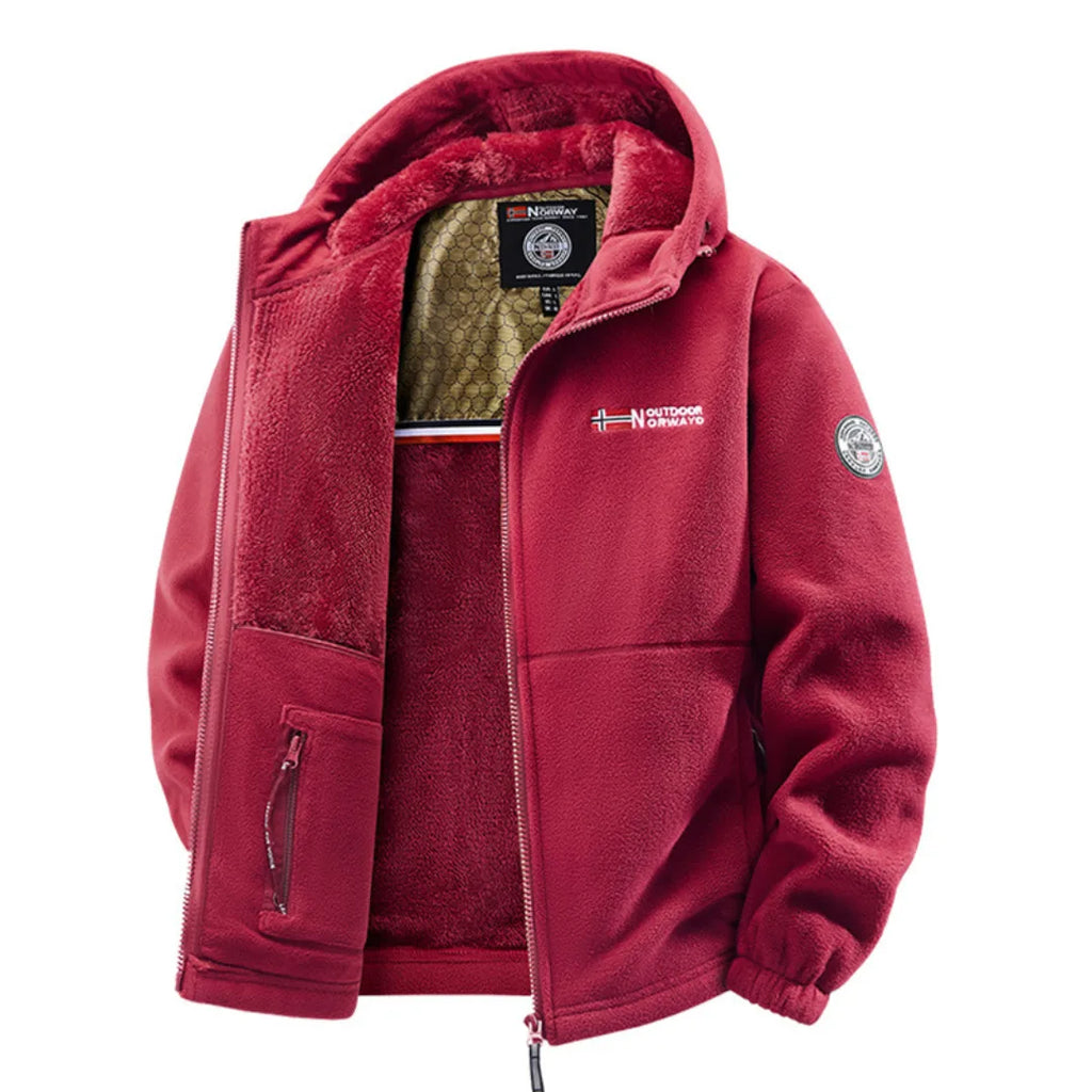 Red fleece hooded jacket with hood up, front zip open showing fluffy sherpa lining and arm patch