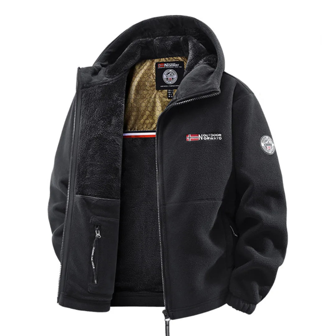 Black fleece hooded jacket, front view with zip half open, showing zipped chest pocket and cuffs