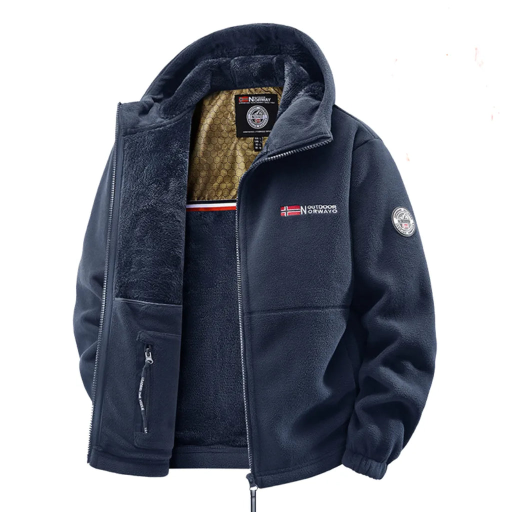 Navy blue fleece hooded jacket, open front showing plush lining, embroidered flag logo and sleeve badge