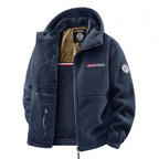 Navy blue fleece hooded jacket, open front showing plush lining, embroidered flag logo and sleeve badge