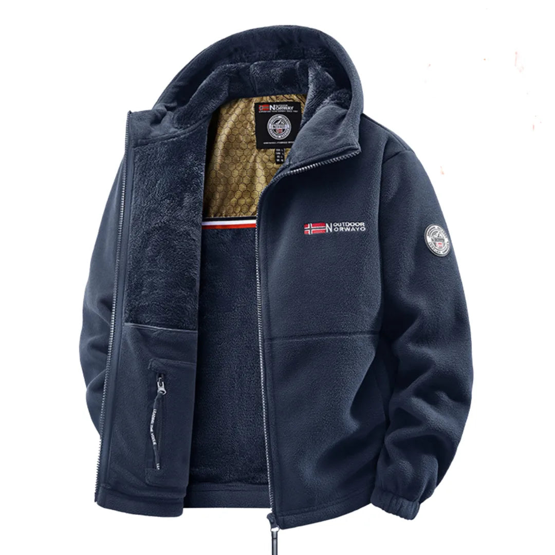 Navy blue fleece hooded jacket, open front showing plush lining, embroidered flag logo and sleeve badge