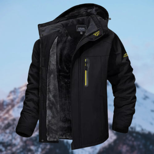 Black hooded winter jacket unzipped, revealing plush dark faux fur lining and yellow-accented zip pockets