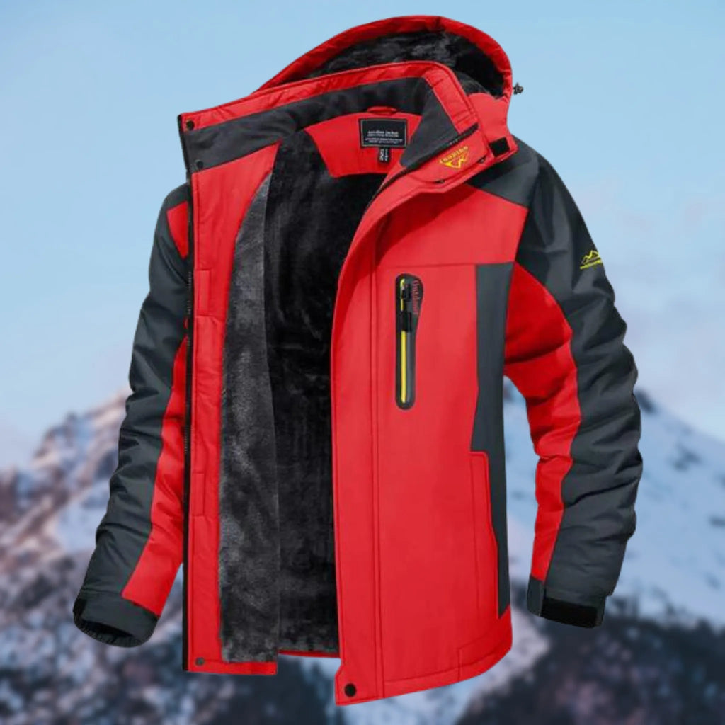 Red and grey colour-block winter jacket with hood open, showing black fur lining and zip chest pocket detail