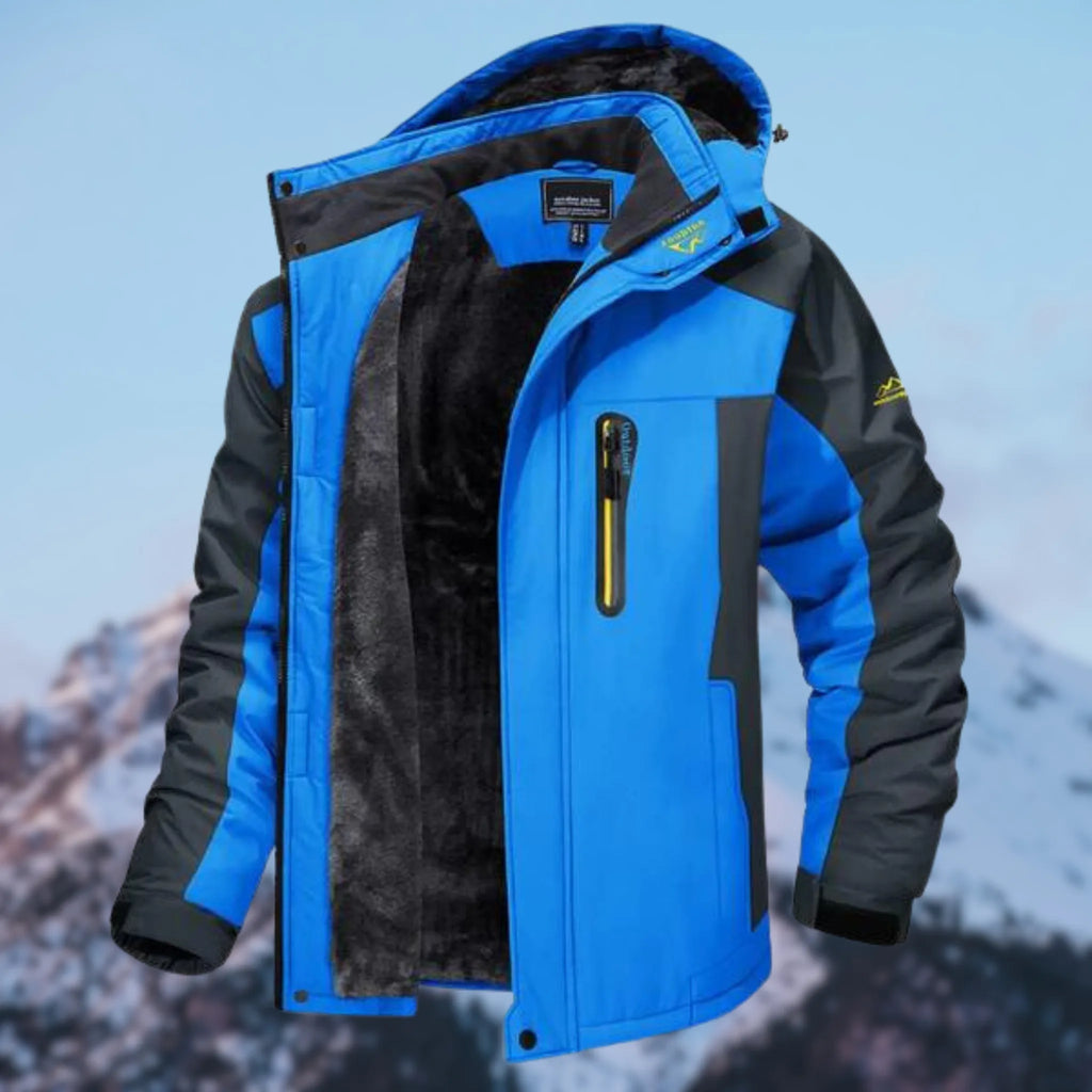 Blue and grey colour-block winter jacket with hood open, showing black faux fur lining and front zip pockets