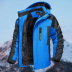 Blue and grey colour-block winter jacket with hood open, showing black faux fur lining and front zip pockets