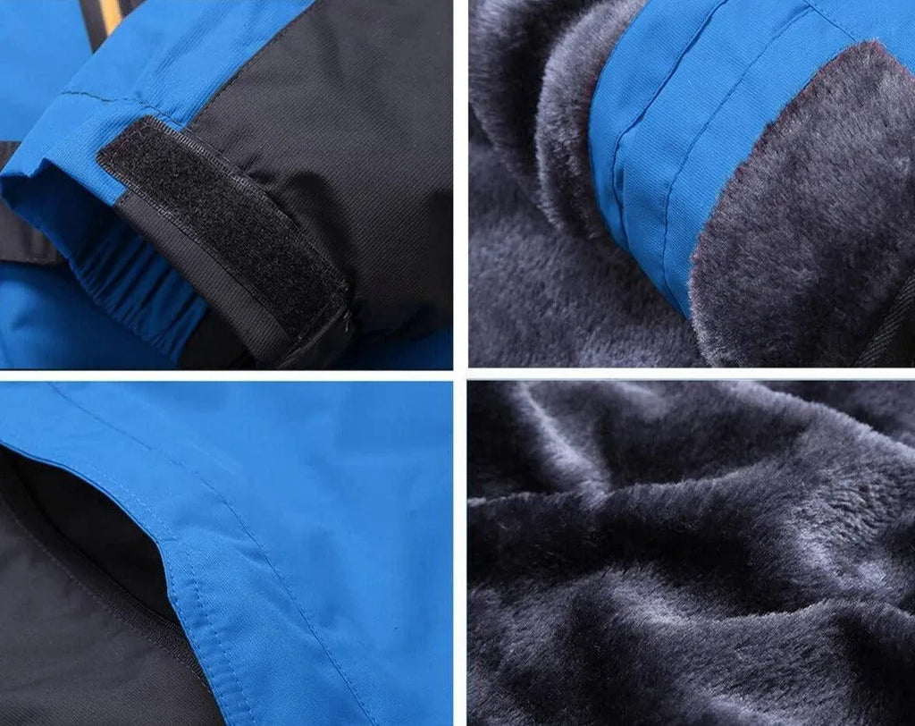 Close-up grid of blue jacket details: velcro cuff, faux fur hood trim, underarm vent and soft fleece lining texture
