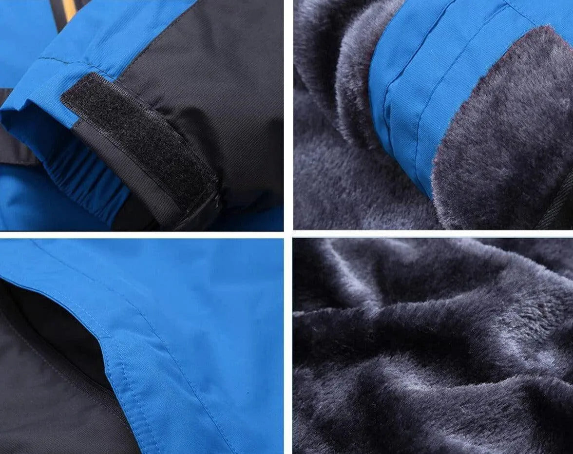 Close-up grid of blue jacket details: velcro cuff, faux fur hood trim, underarm vent and soft fleece lining texture