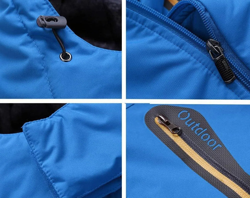 Close-up grid of blue jacket hardware: drawcord toggle, main zip pull, seam stitching and reflective zip pocket tab