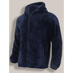 Three-quarter view of a navy blue sherpa fleece hoodie with full zip and hood, laid flat against a neutral background