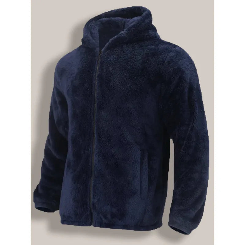 Three-quarter view of a navy blue sherpa fleece hoodie with full zip and hood, laid flat against a neutral background