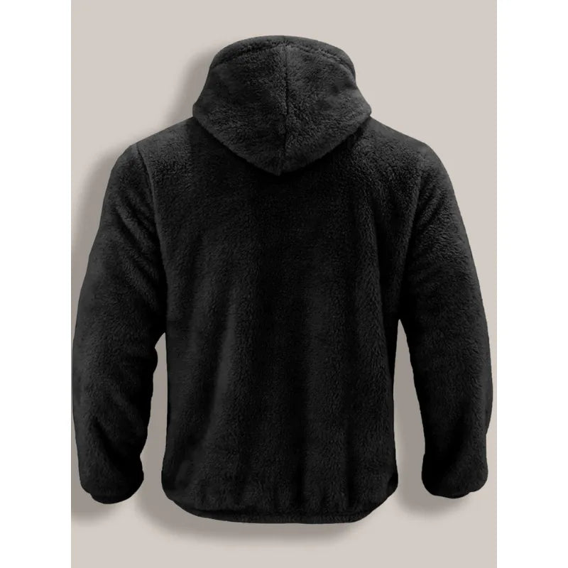 Back view of a black fleece zip-up hoodie showing the attached hood and relaxed shoulder fit