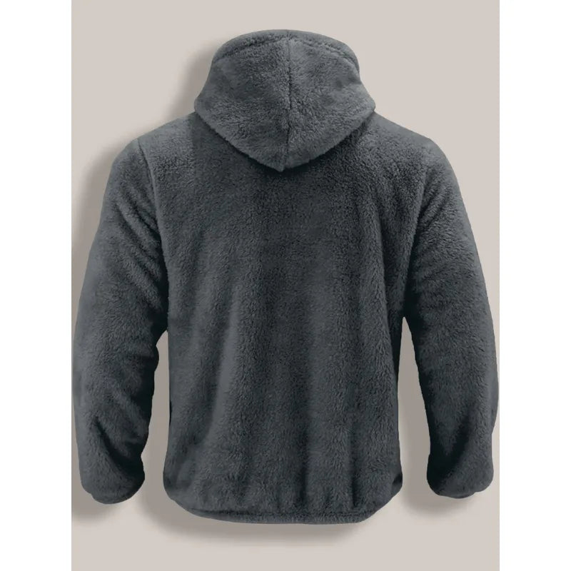 Back view of a charcoal grey fleece zip-up hoodie highlighting the plush textured fabric and hood shape