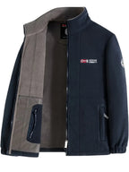 Navy fleece zip-up jacket shown open, revealing the soft grey brushed fleece lining and zip pocket