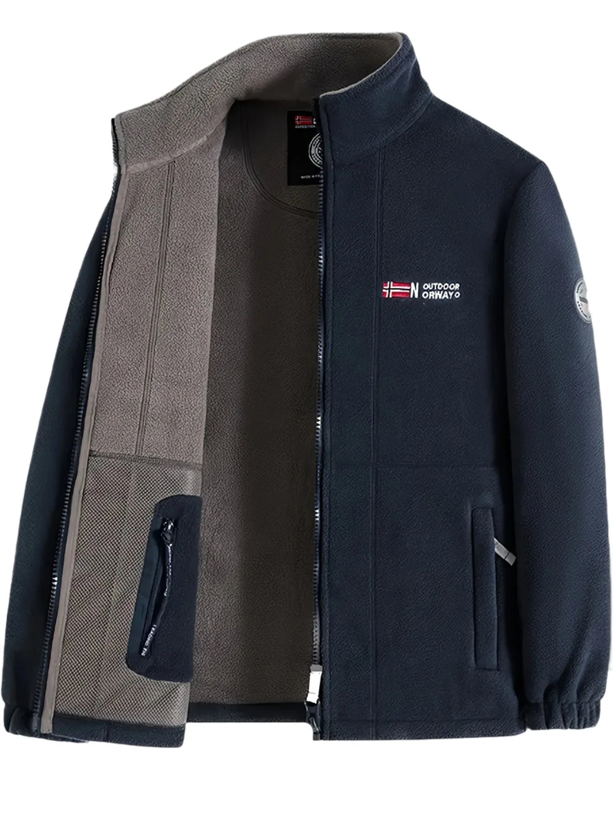 Navy fleece zip-up jacket shown open, revealing the soft grey brushed fleece lining and zip pocket