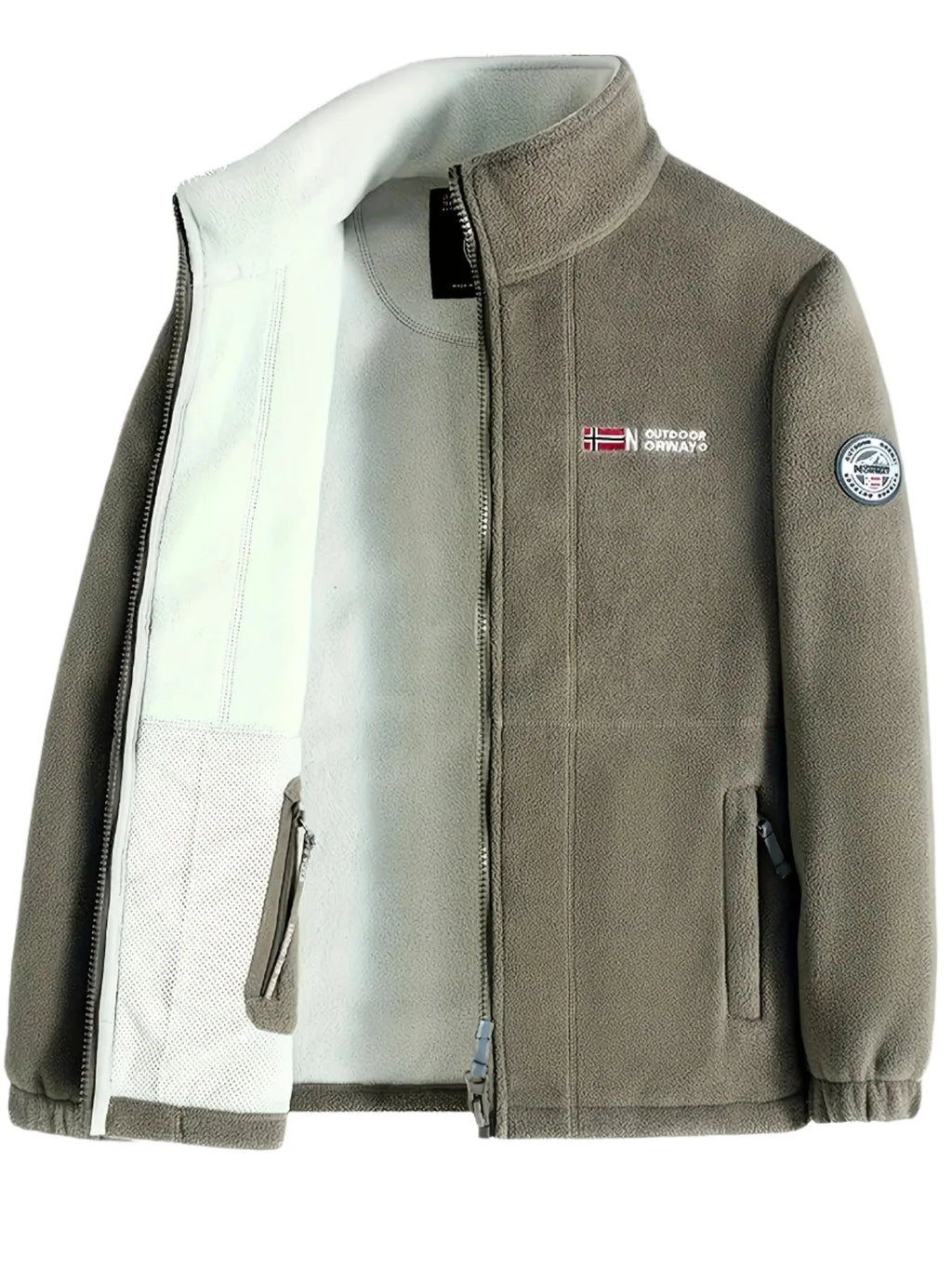 Black fleece jacket open, close view of the front zip, chest embroidery and welt pockets