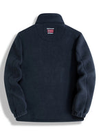 Back view of the navy fleece jacket showing the plain back panel and embroidered neck label