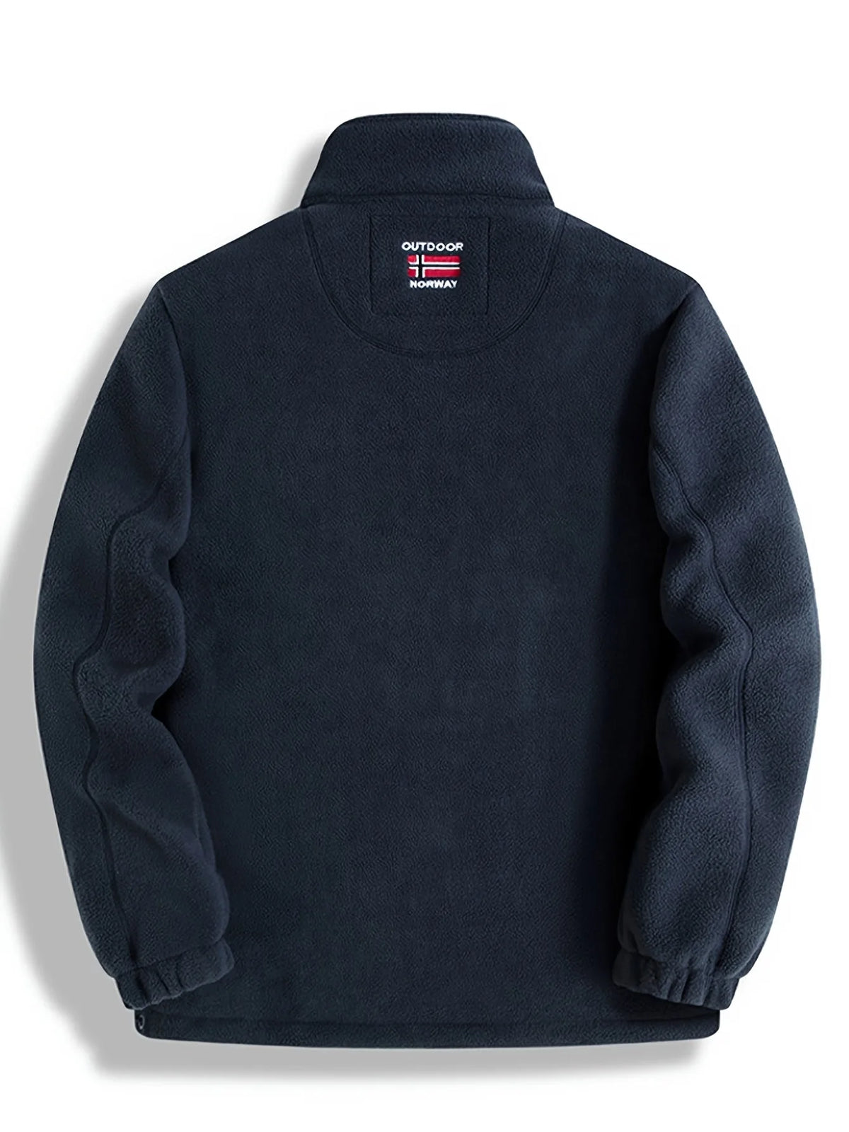 Back view of the navy fleece jacket showing the plain back panel and embroidered neck label
