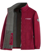 Burgundy red fleece jacket shown open, displaying the grey lining and inner zip pocket